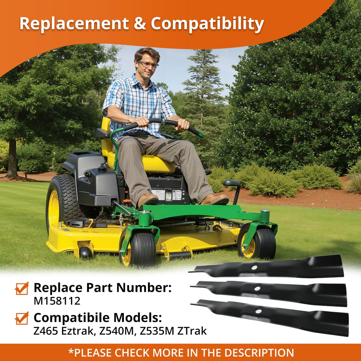 Compatible with 62-inch John Deere Eztrak and ZTrak models