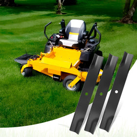 Budrash 6-pack mower blades for Hustler 54 deck, side-angle view, pack-ready replacement.