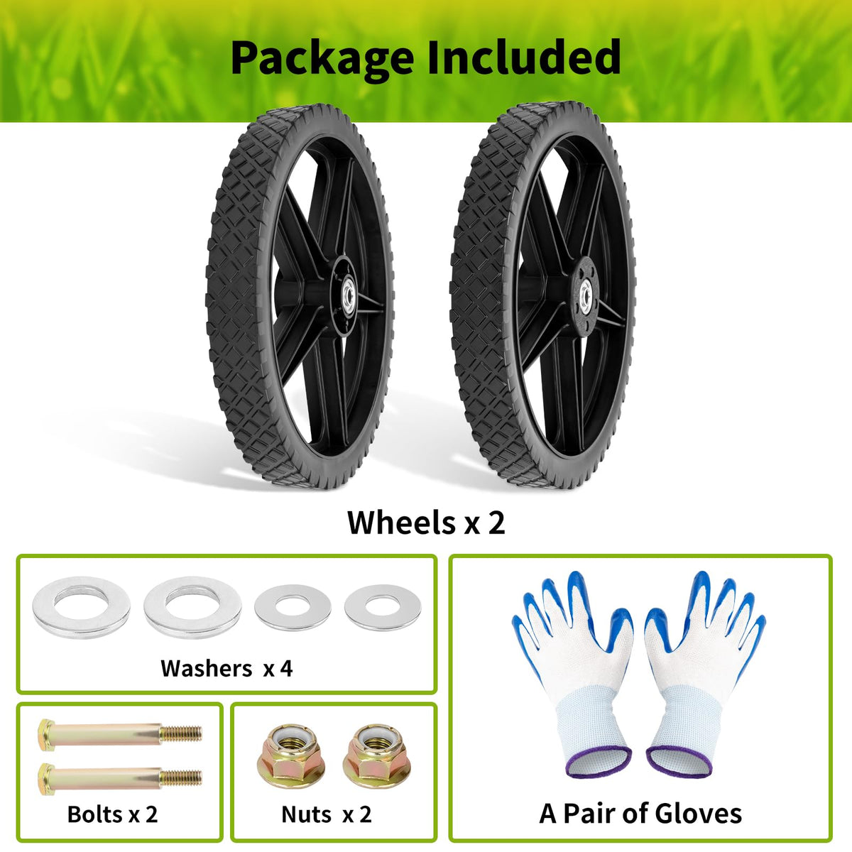 Budrash two-wheel set with bolts, nuts, washers, and gloves included.