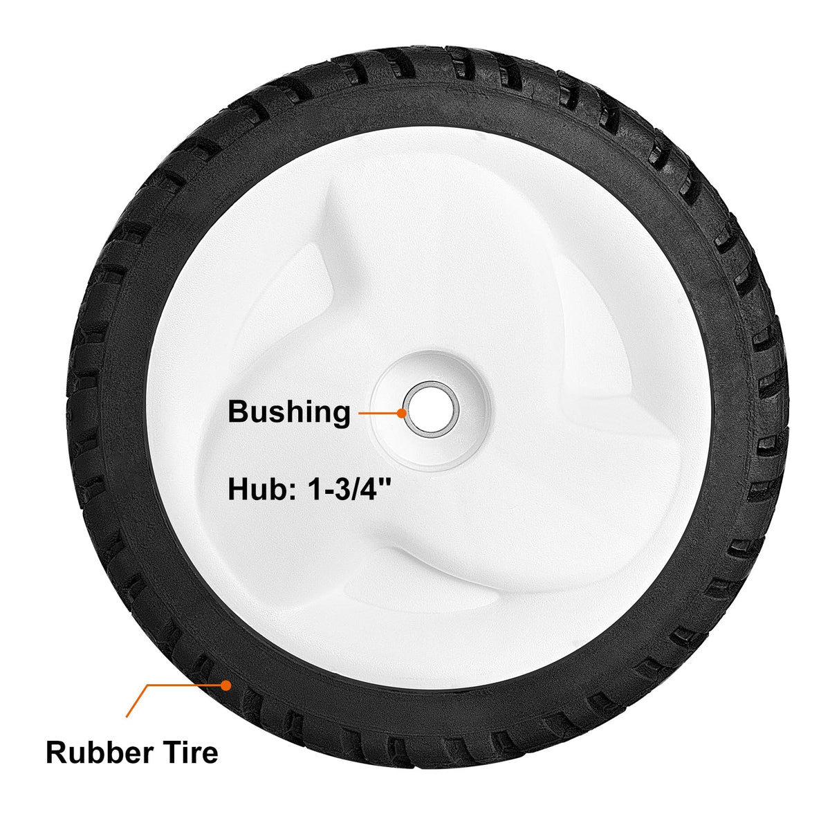 Budrash front wheel with rugged tread for traction.