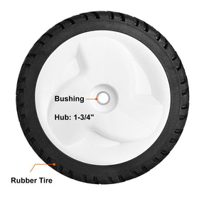 Budrash front wheel with rugged tread for traction.