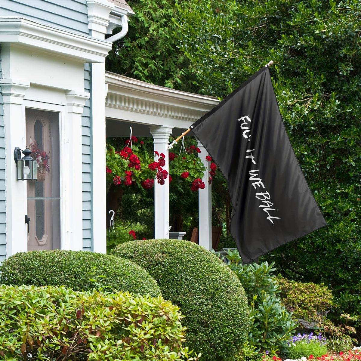 Buduidry flag enhances frat party or garage decor with bold presence.