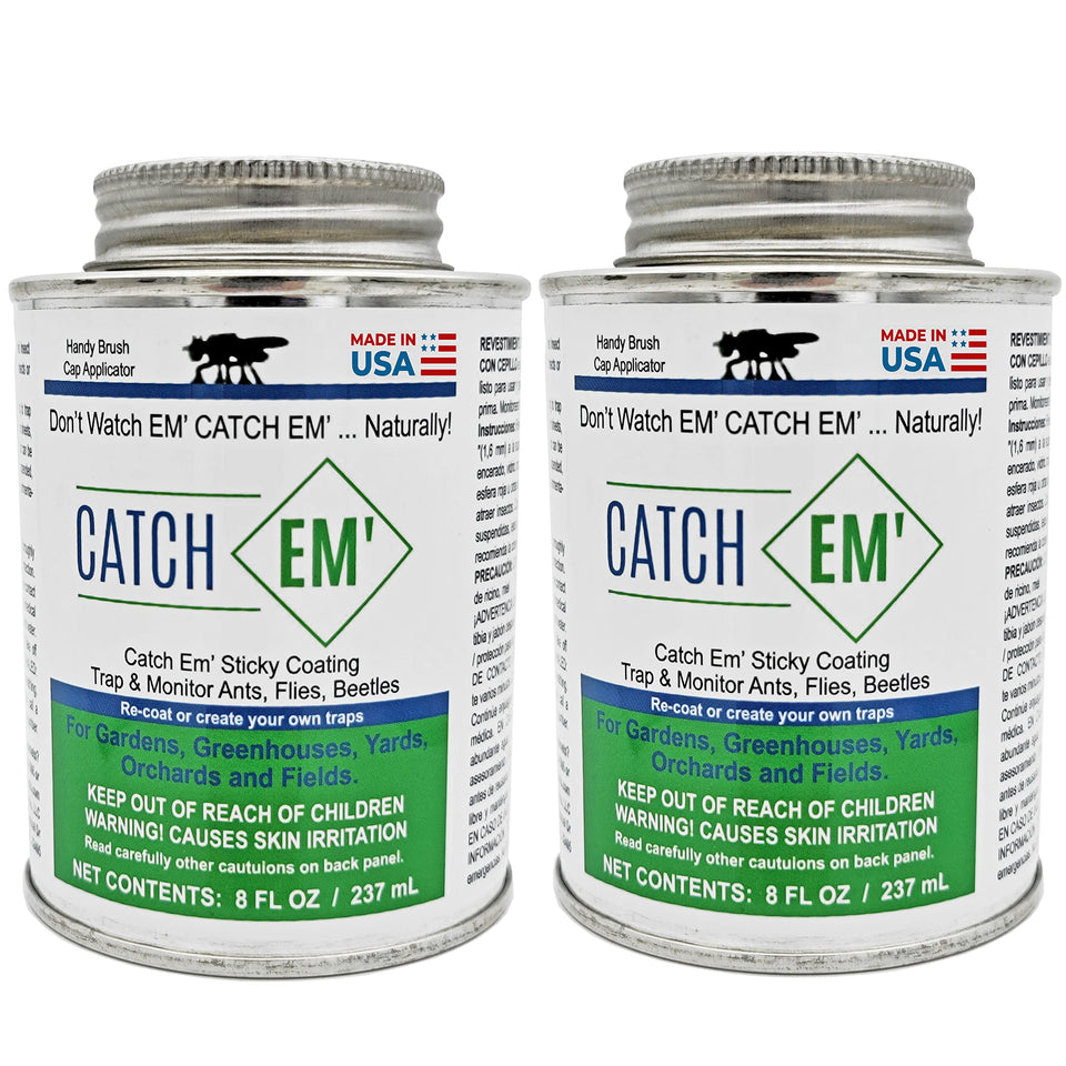 Bug Ball Catch EM' sticky coating on an 8oz bottle shows ready-to-use pest trapping