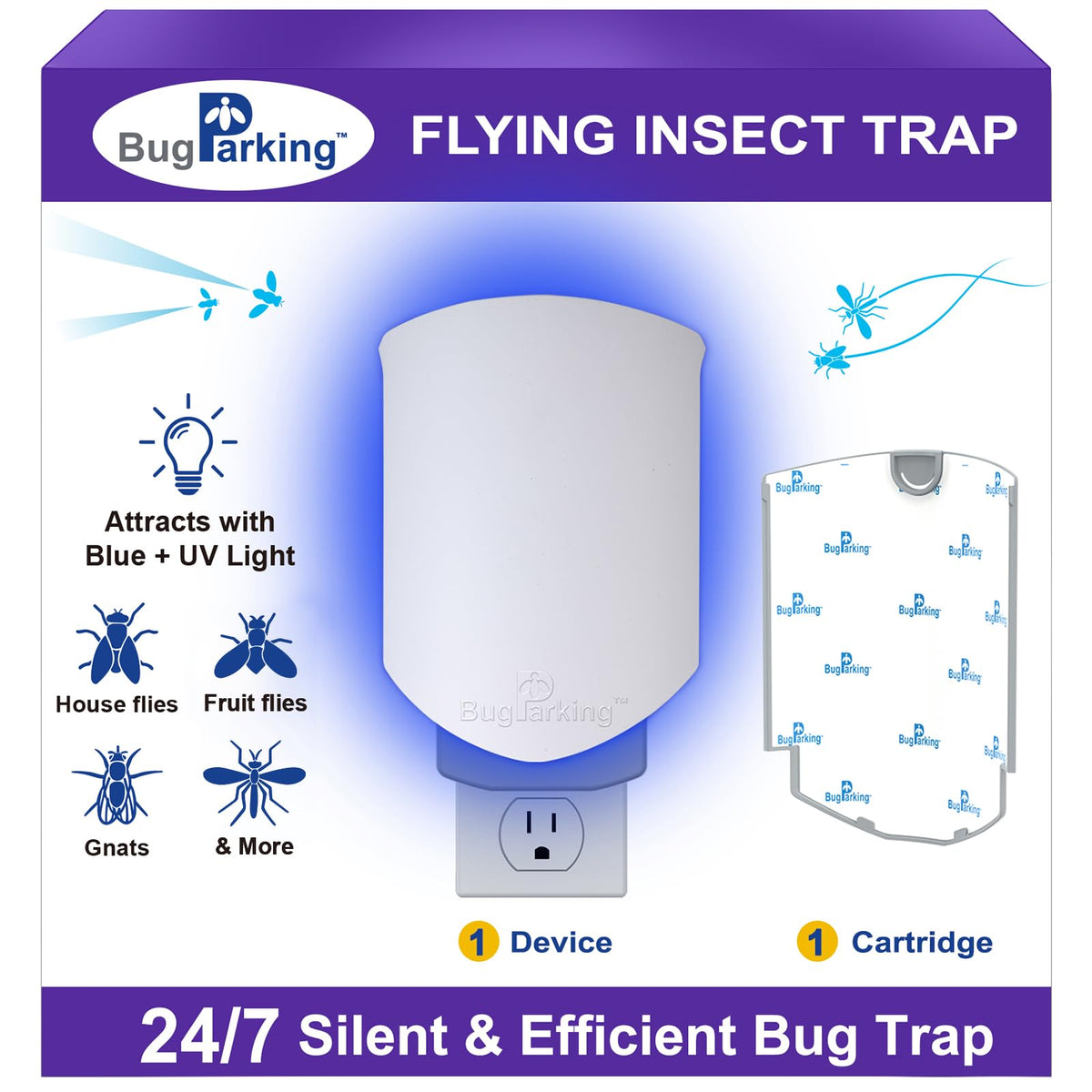 Bug Parking trap front view with UV light attracting gnats indoors