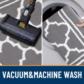 Buganda easy-clean mat being vacuumed or washed
