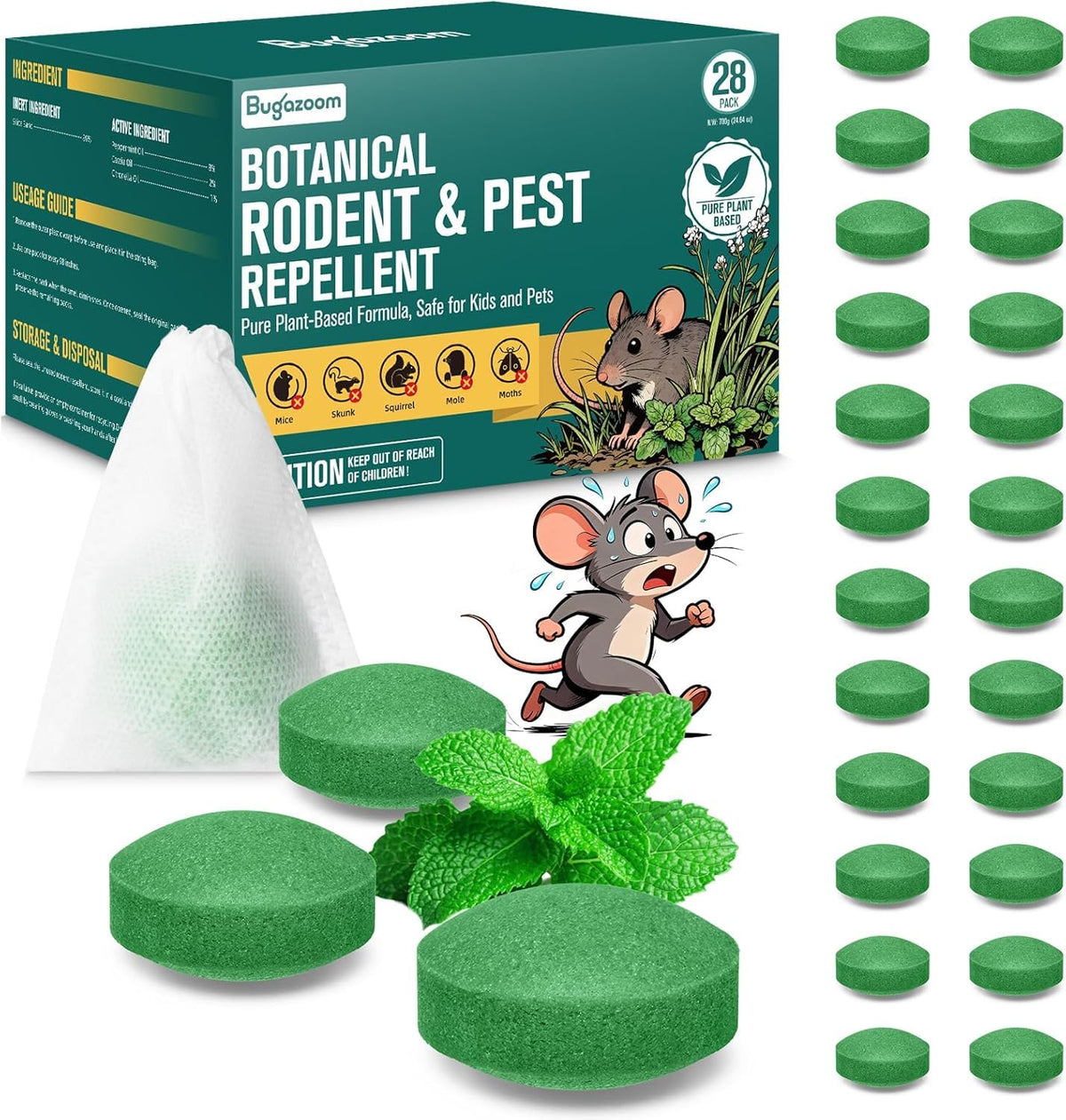 BUGAZOOM natural moth balls pack shot for safe indoor and outdoor rodent deterrence.