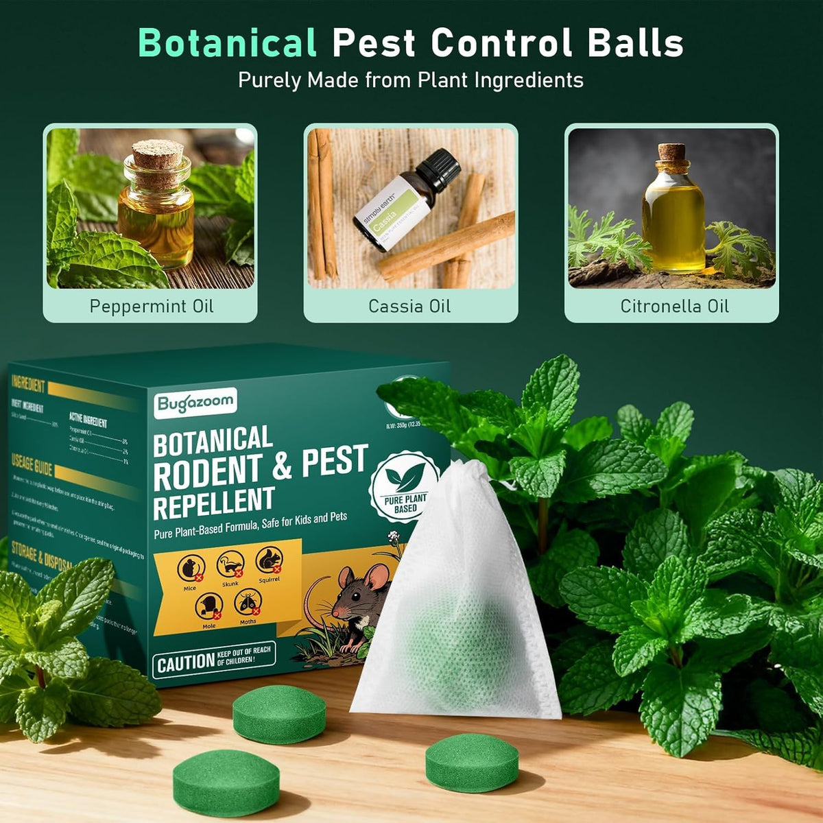 BUGAZOOM peppermint oil sachets closeup highlighting strong mint scent for pest relief.