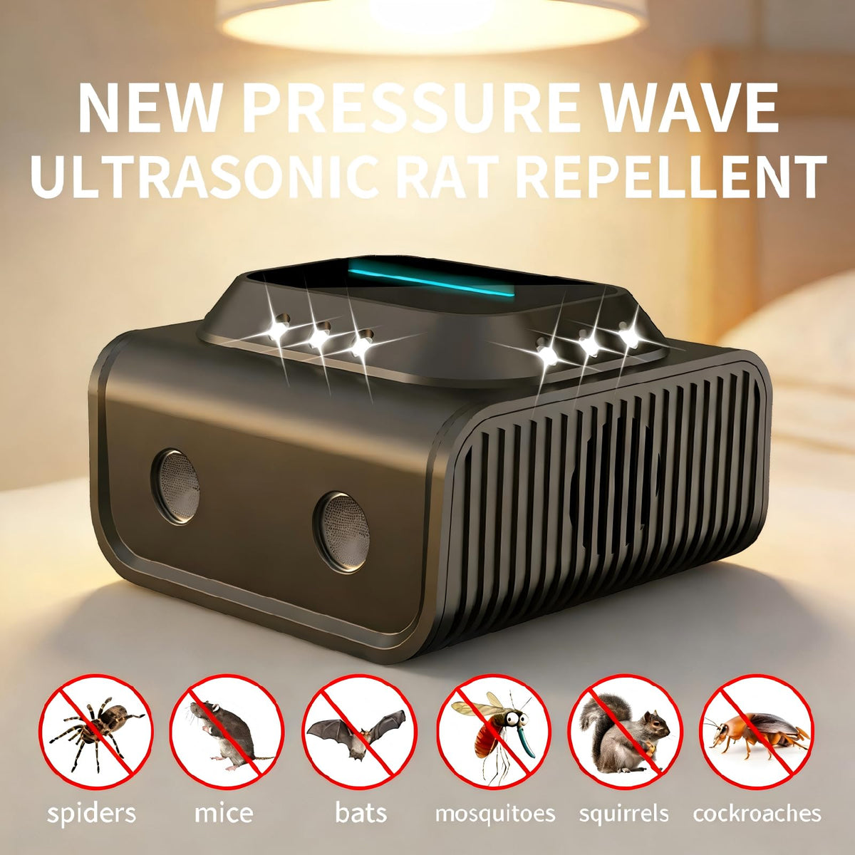 Bugbeat dual-chip ultrasonic deterrent with 12 LED strobe lights disrupts pest activity.