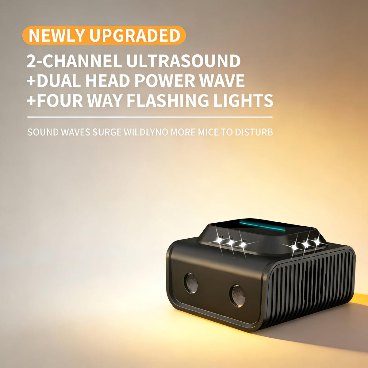 Compact device featuring 12 LED strobes and ultrasonic signals for deterrence.