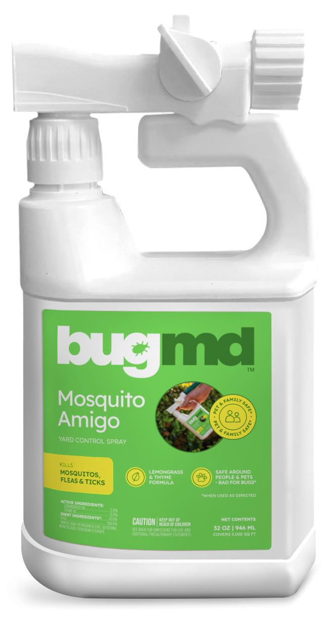BugMD Mosquito Amigo bottle shows plant-based pest control for indoor and outdoor use