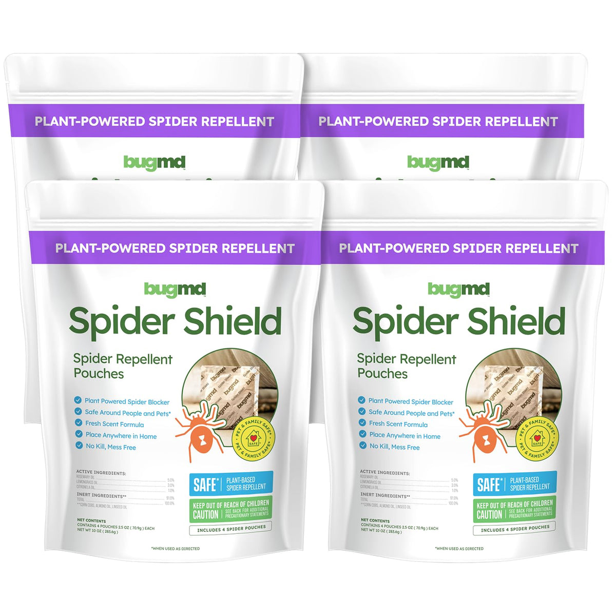 BugMD Spider Shield pouches 4-pack for easy indoor protection against spiders.