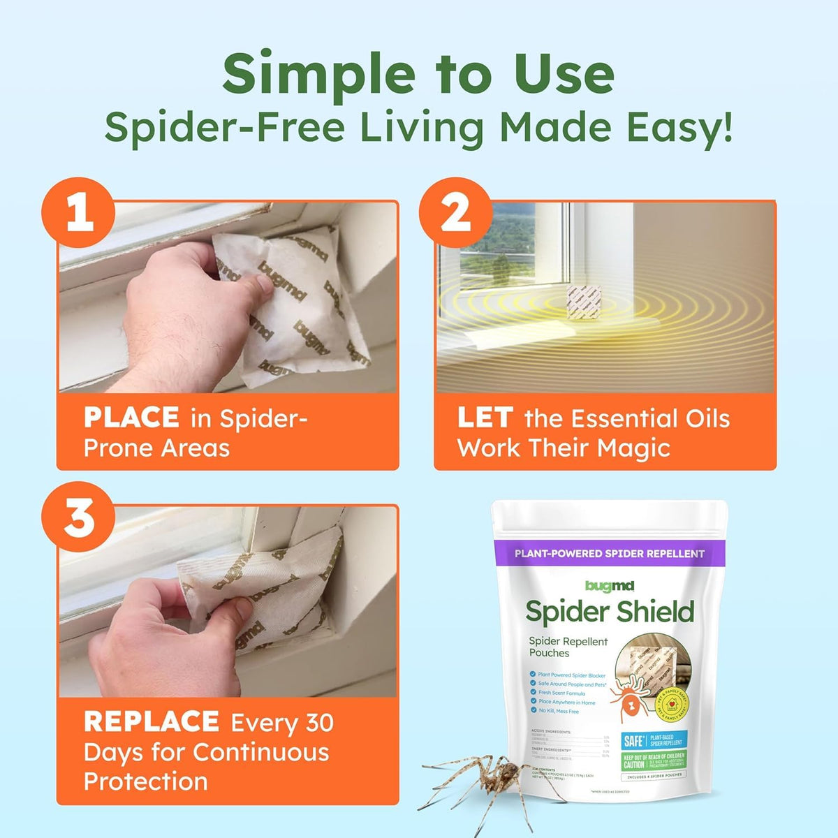 BugMD Spider Shield pouches in a closet providing safe, low-odor protection