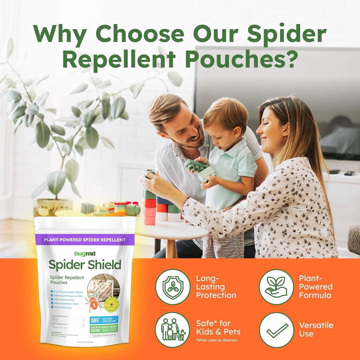 BugMD Spider Shield pouches in living room setup deter spiders quietly.