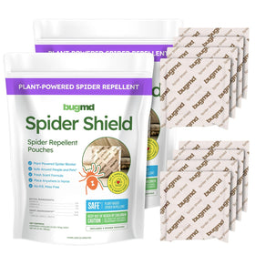 BugMD Spider Shield pouches packaging showing plant-based oils for indoor use