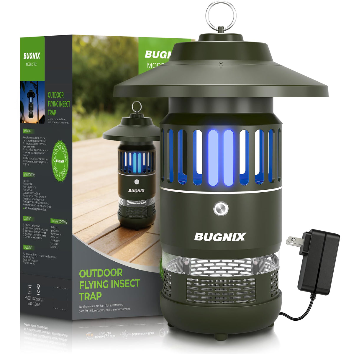 BUGNIX 12V mosquito trap front view for patios and gardens with quiet, chemical-free attraction.