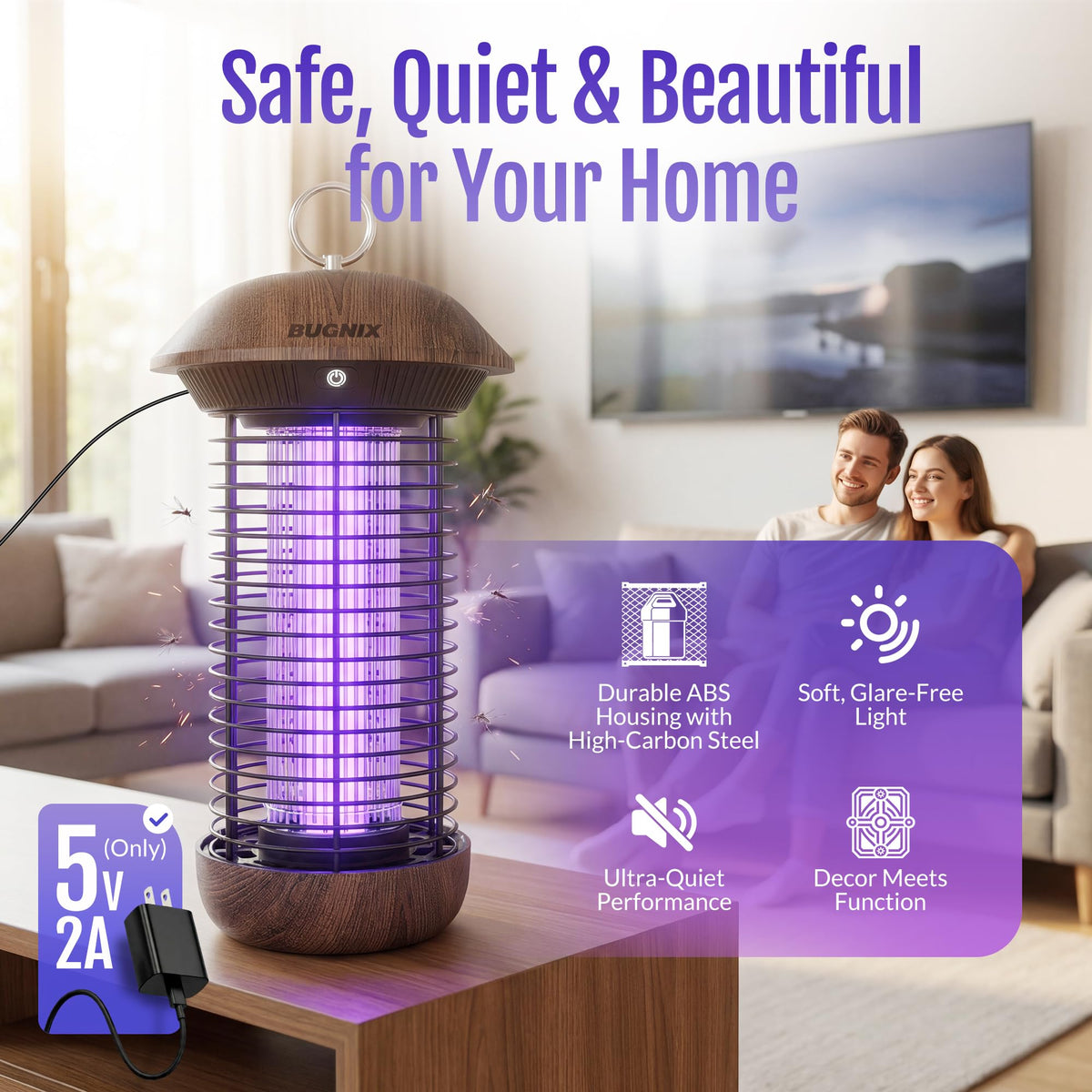 Bugnix bug zapper indoor outdoor range shown with 2m power cord.