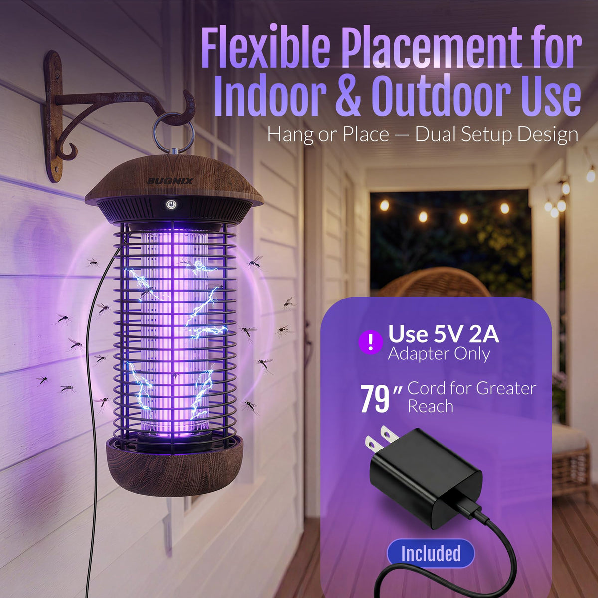 Bugnix bug zapper portable USB-powered setup with adapter or power bank.