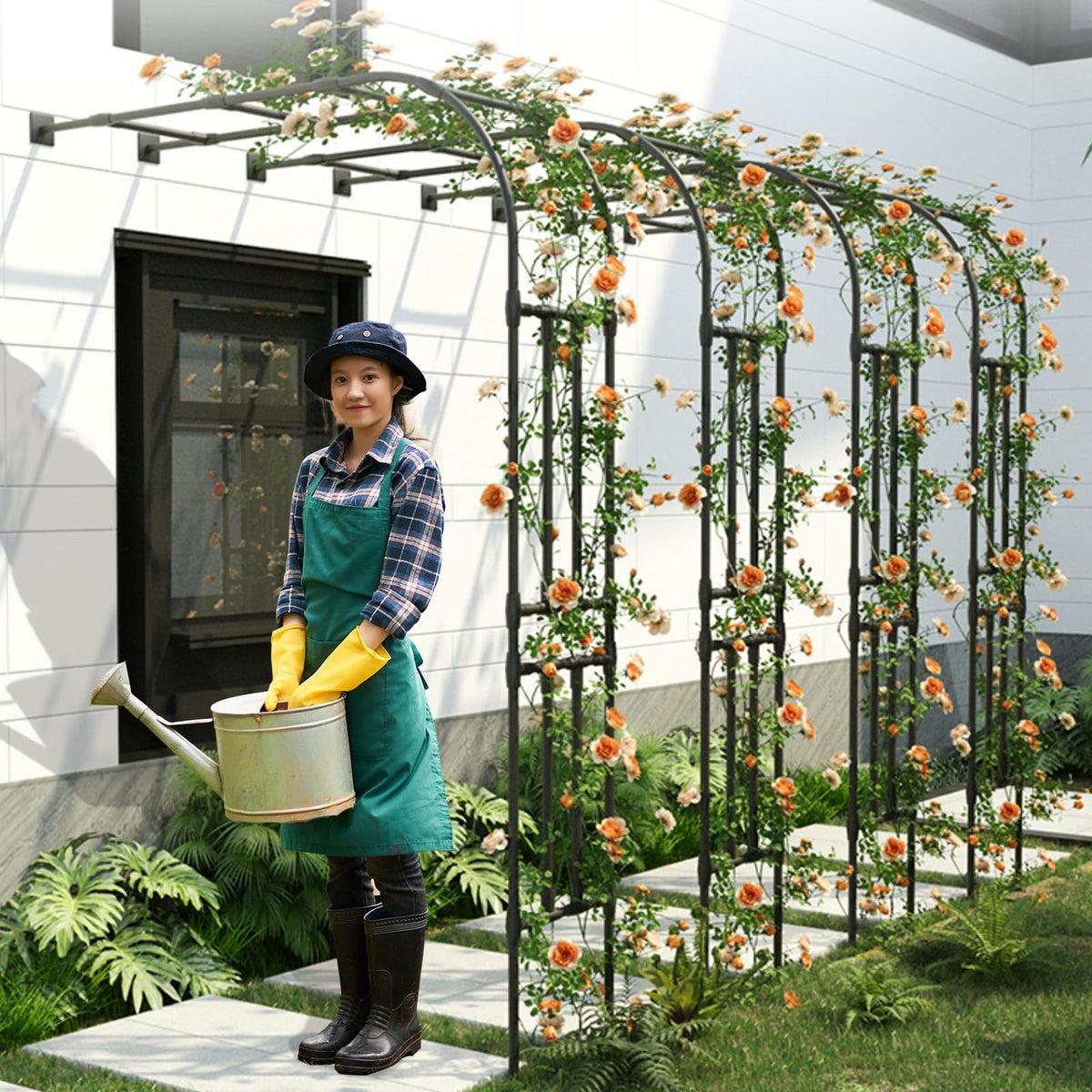 BUKLIYN Black finish arch trellis complements outdoor aesthetics