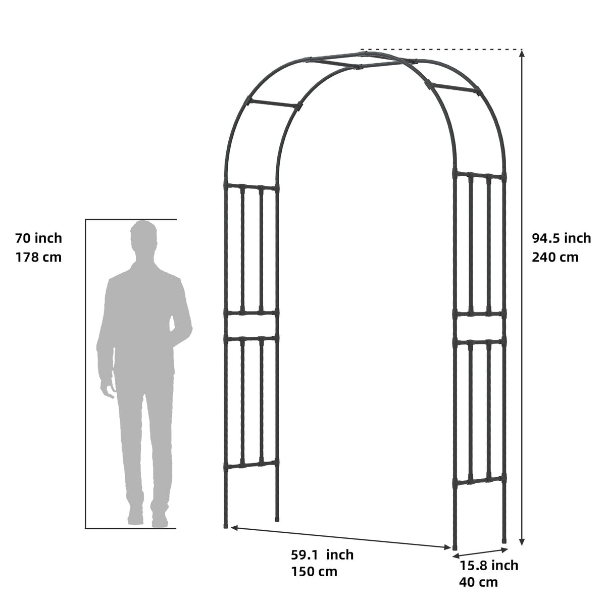 BUKLIYN garden arch trellis front view highlights welcoming arch shape for entryways.