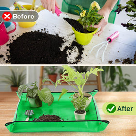 Bukmialy repotting mat spread on floor for large workspace and easy cleanup.