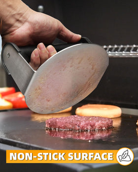 Bulado burger press 6inch even-heat distribution on a griddle