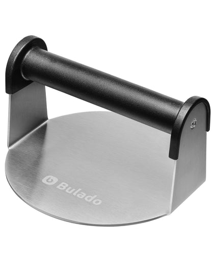 Bulado burger press 6inch handle close-up showing cool, comfortable grip for grilling