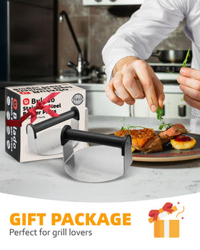 Bulado burger press 6inch in-use on skillet or grill for quick burgers