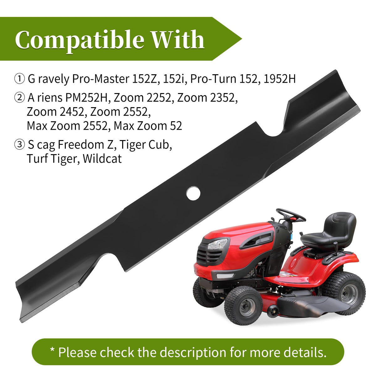 Bularie 18-inch blade dimensions show precise fit for deck compatibility