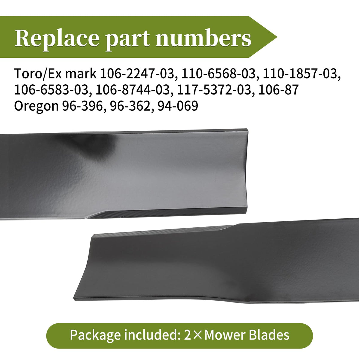 Bularie 2-in-1 curved-tip blades lift grass for efficient discharge.