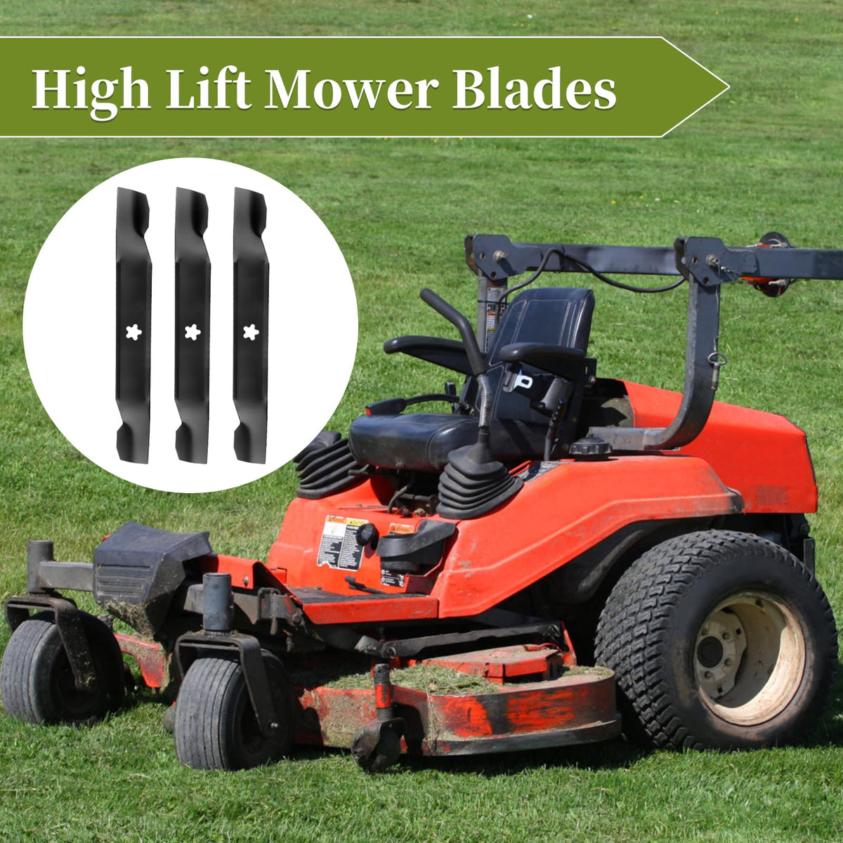 Bularie high lift blades tackling tall, damp grass for cleaner mowing.