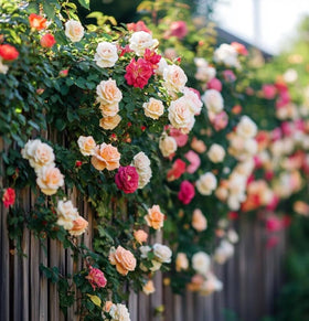 BULBORIUM climbing rose seeds on a trellis ready to create vibrant garden walls.