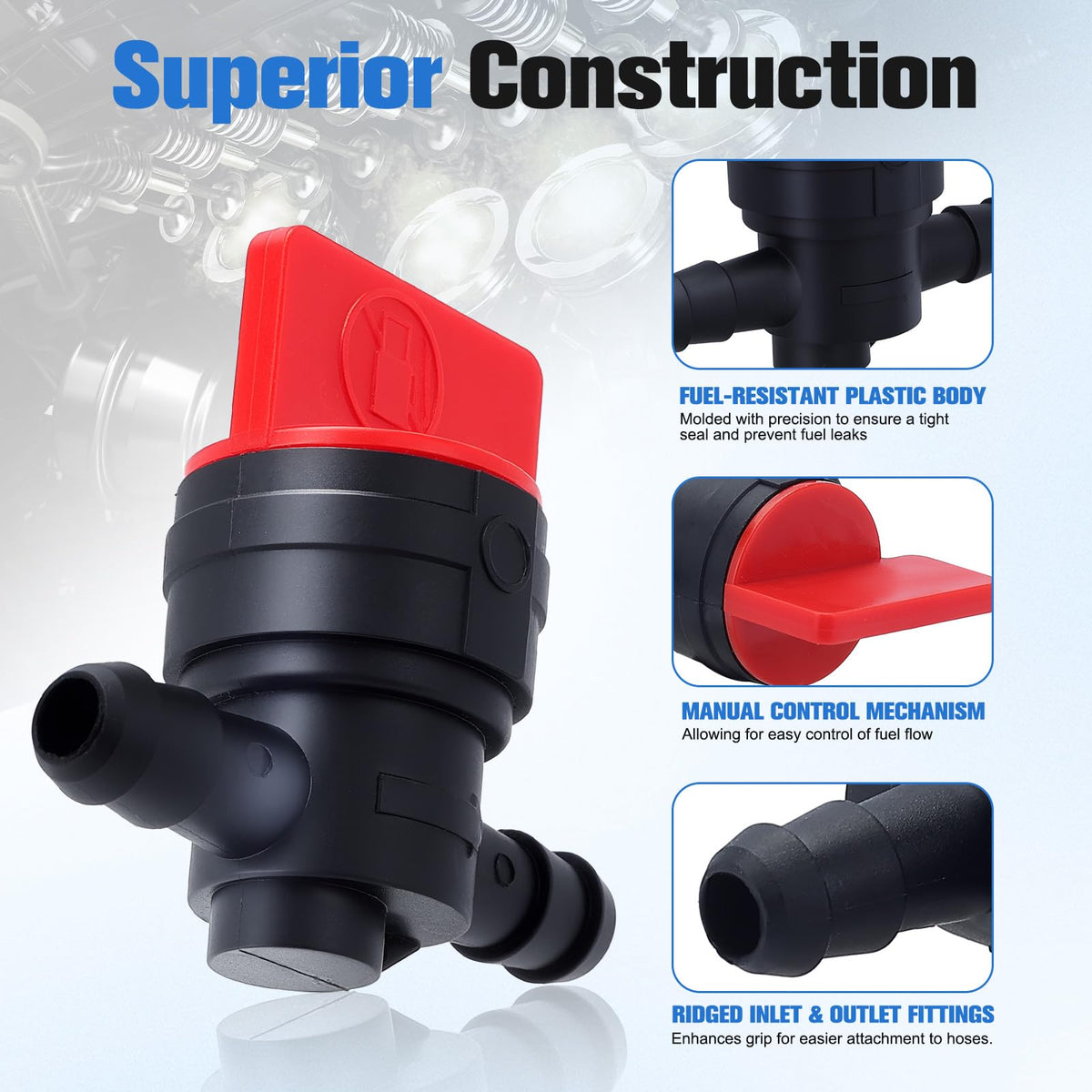 Kohler-compatible Bullwall valve mounted on a lawn mower for easy shut-off.