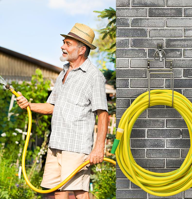 Sturdy stainless steel hose hanger withstands outdoor weather without rust.