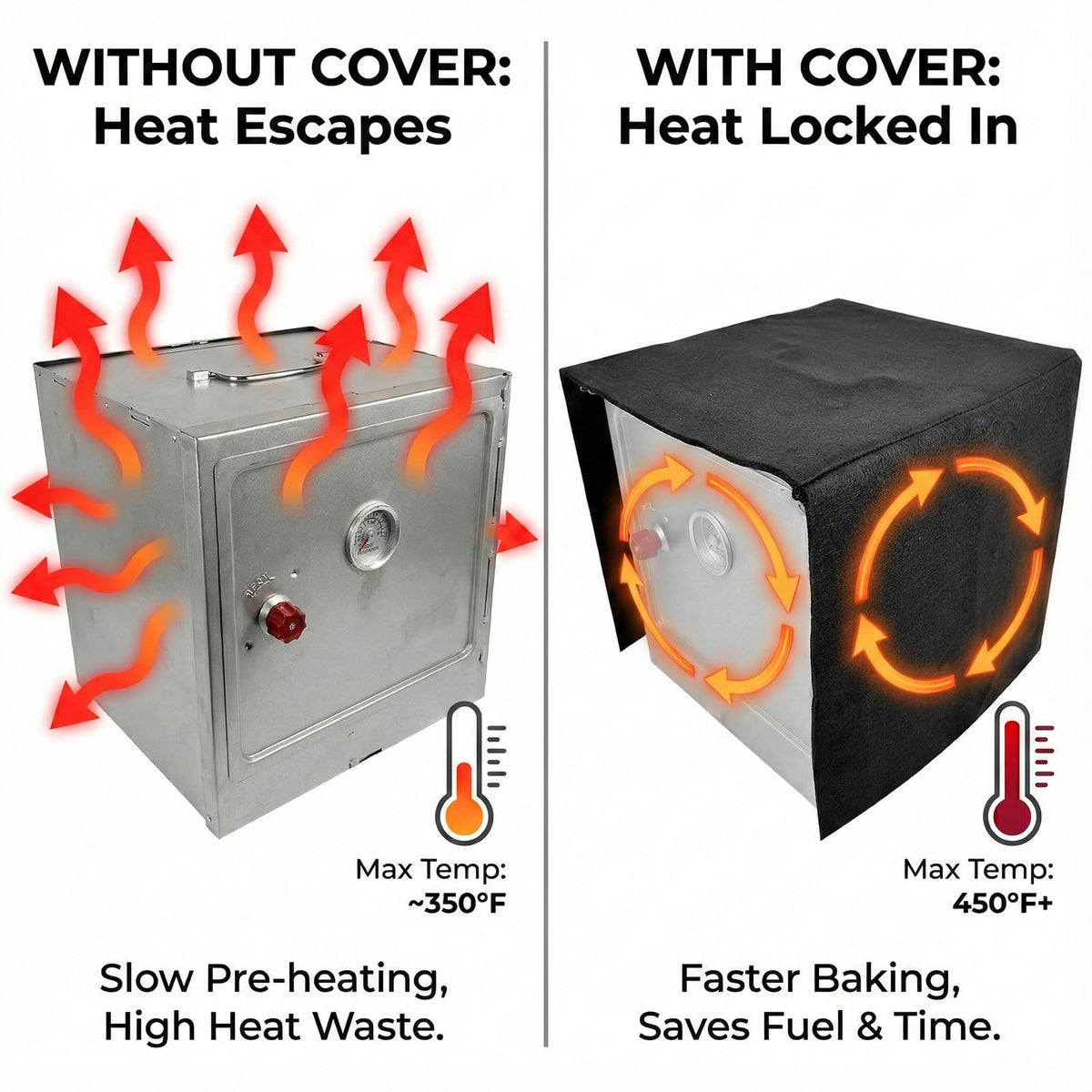 Buraku camp oven shield demonstrates burn-proof felt protecting hands during outdoor cooking.