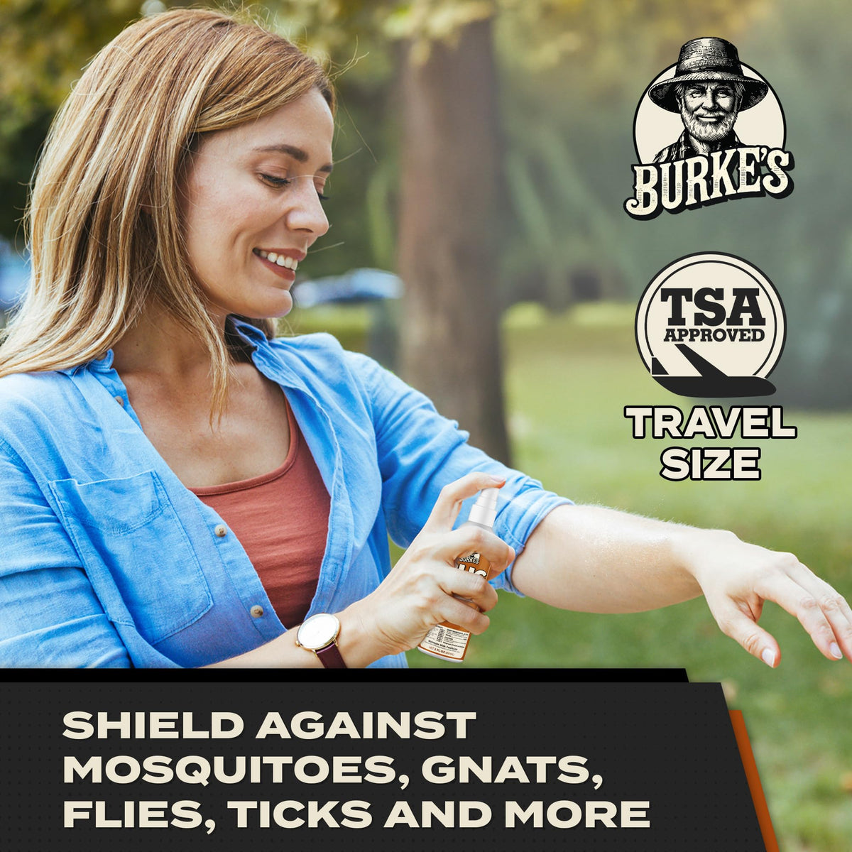 Burke's Bug Repellent Spray natural oil blend bottle for safe, skin-friendly use.