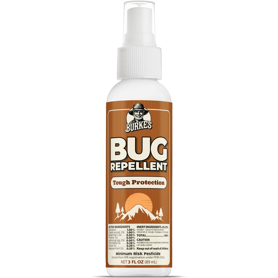 Burke's Bug Repellent Spray travel-size bottle deters insects during outdoor activities.