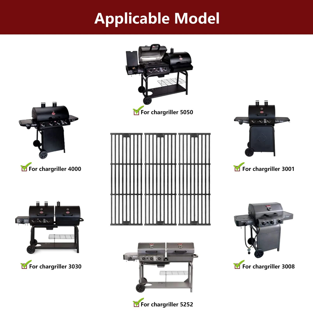 Burly Grill cast iron grate for Char-Griller 2828, retains heat for fast, even cooking.