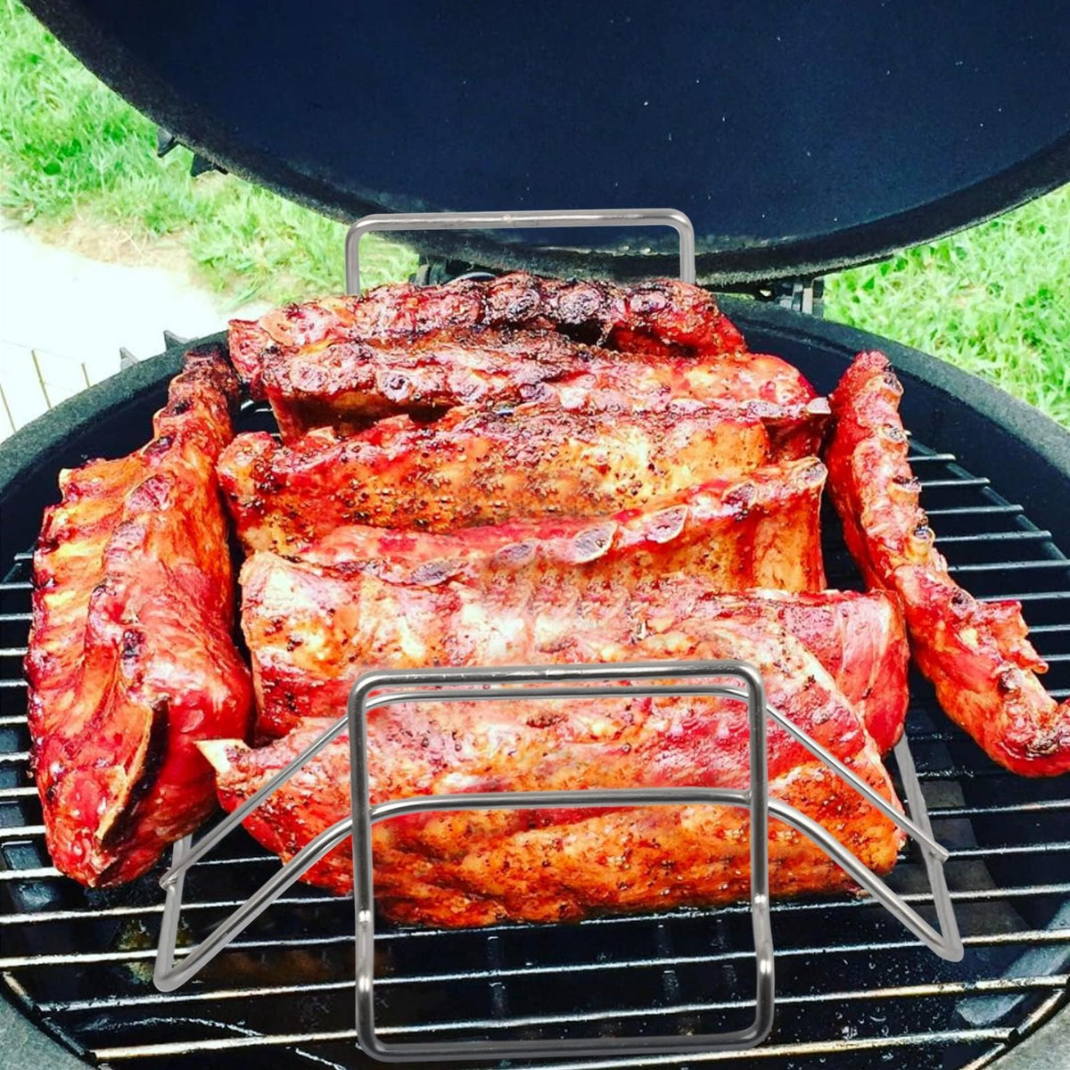 Burly grill rib rack offers versatile compatibility with large grills.