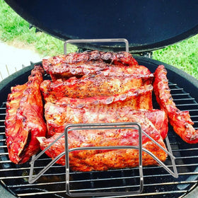 Burly grill rib rack offers versatile compatibility with large grills.