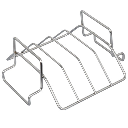 Burly grill rib rack in action, with ribs evenly spaced for thorough smoking.