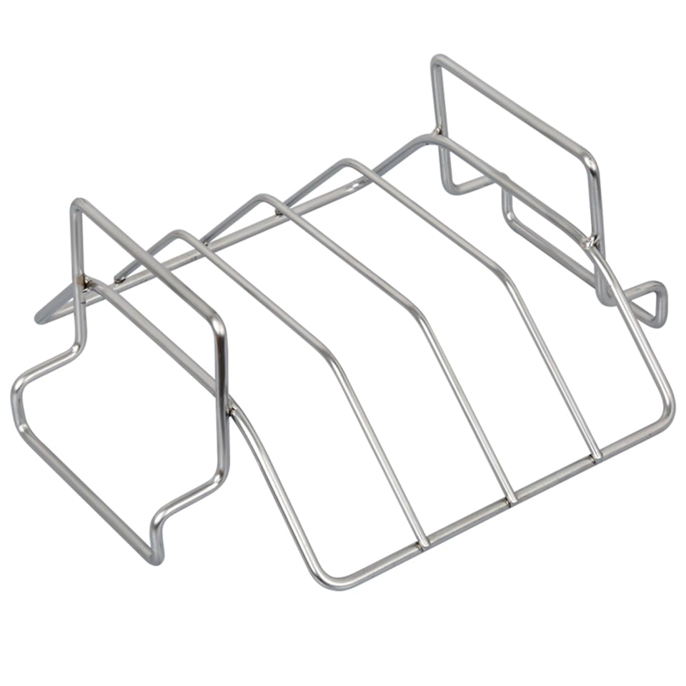 Burly grill rib rack in action, with ribs evenly spaced for thorough smoking.