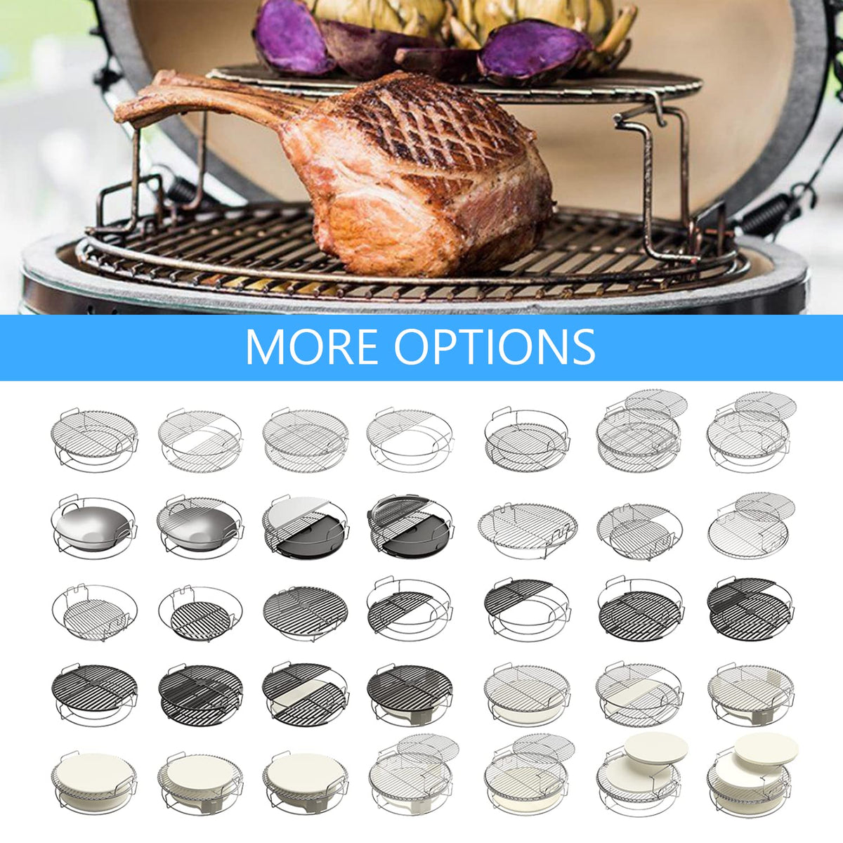 Stainless steel half grids from Burly Grill support flexible grilling configurations.