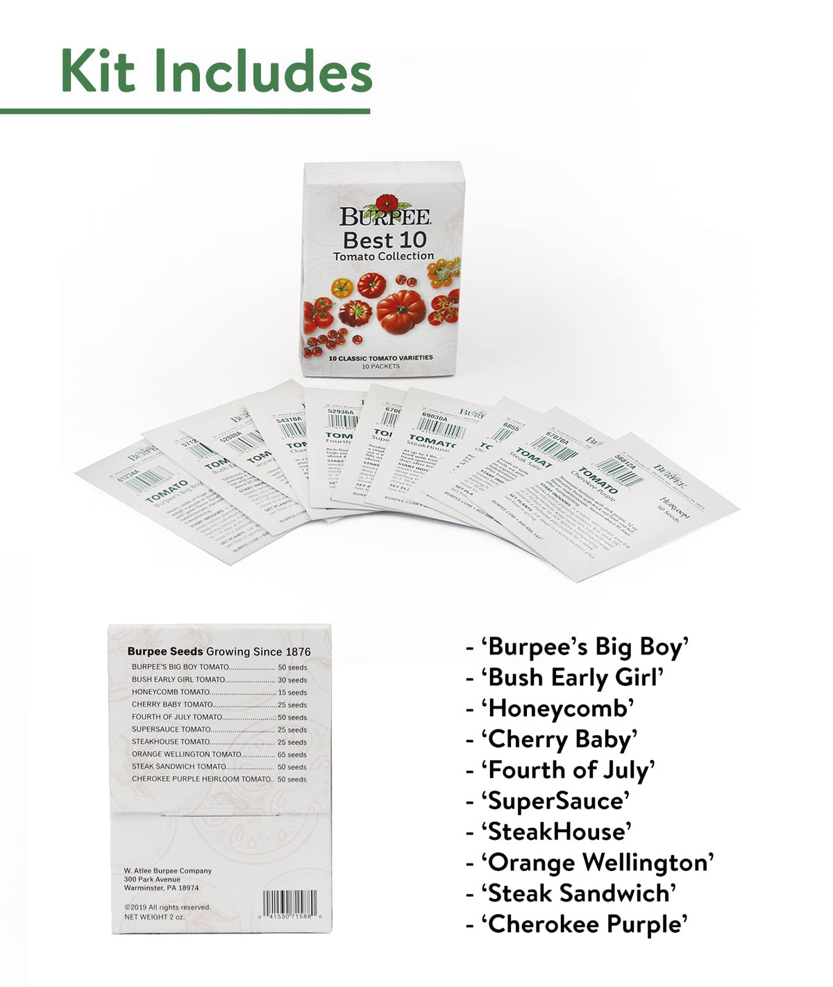 Burpee Best 10 tomato seeds non-gmo badge signals trusted quality and garden-friendly seeds.