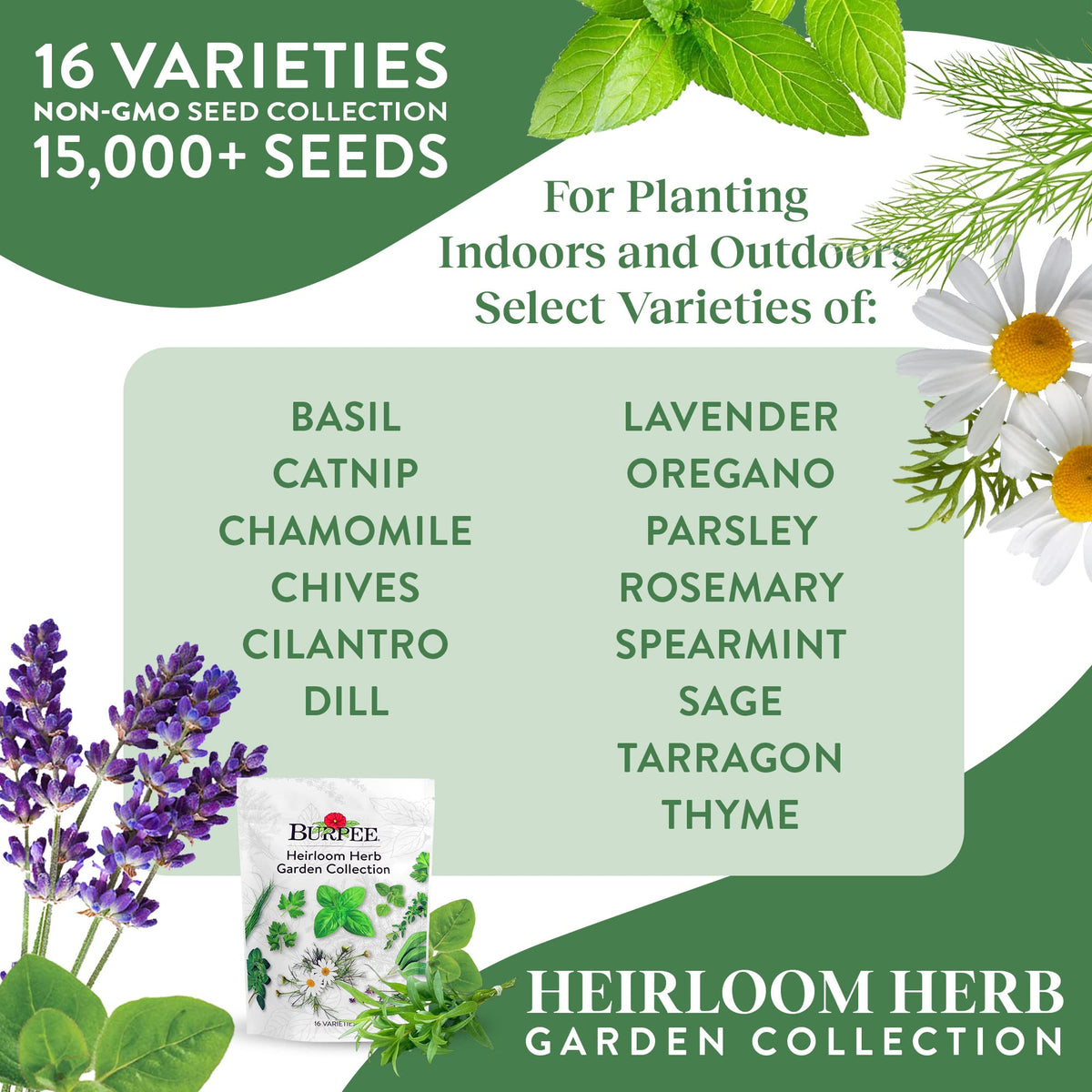 Burpee Heirloom herb variety pack displays 16 herbs for versatile cooking.