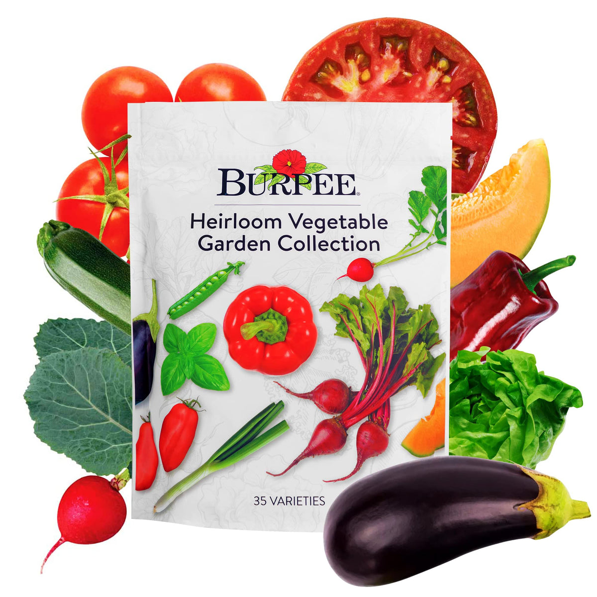 Burpee Heirloom Seeds collection seed packet showing 35 varieties for home gardening