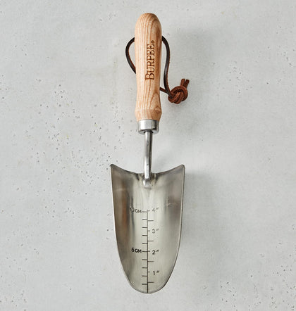 Burpee stainless steel trowel with a large scoop for effortless planting.