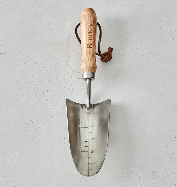 Burpee stainless steel trowel with a large scoop for effortless planting.