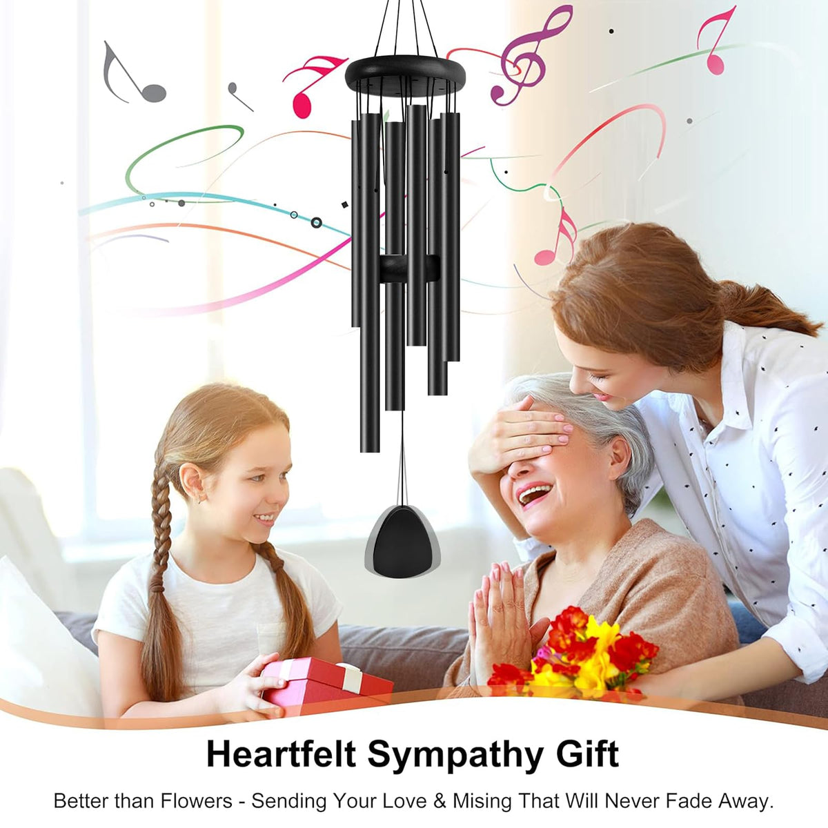 Bursvik wind chime black anodized tubes detail showing durable resonance.