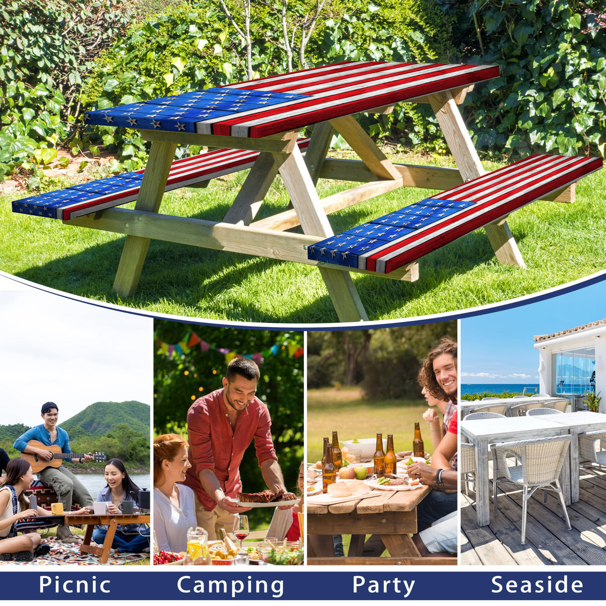 Butaluk American Flag 3-piece picnic set displayed on table with benches