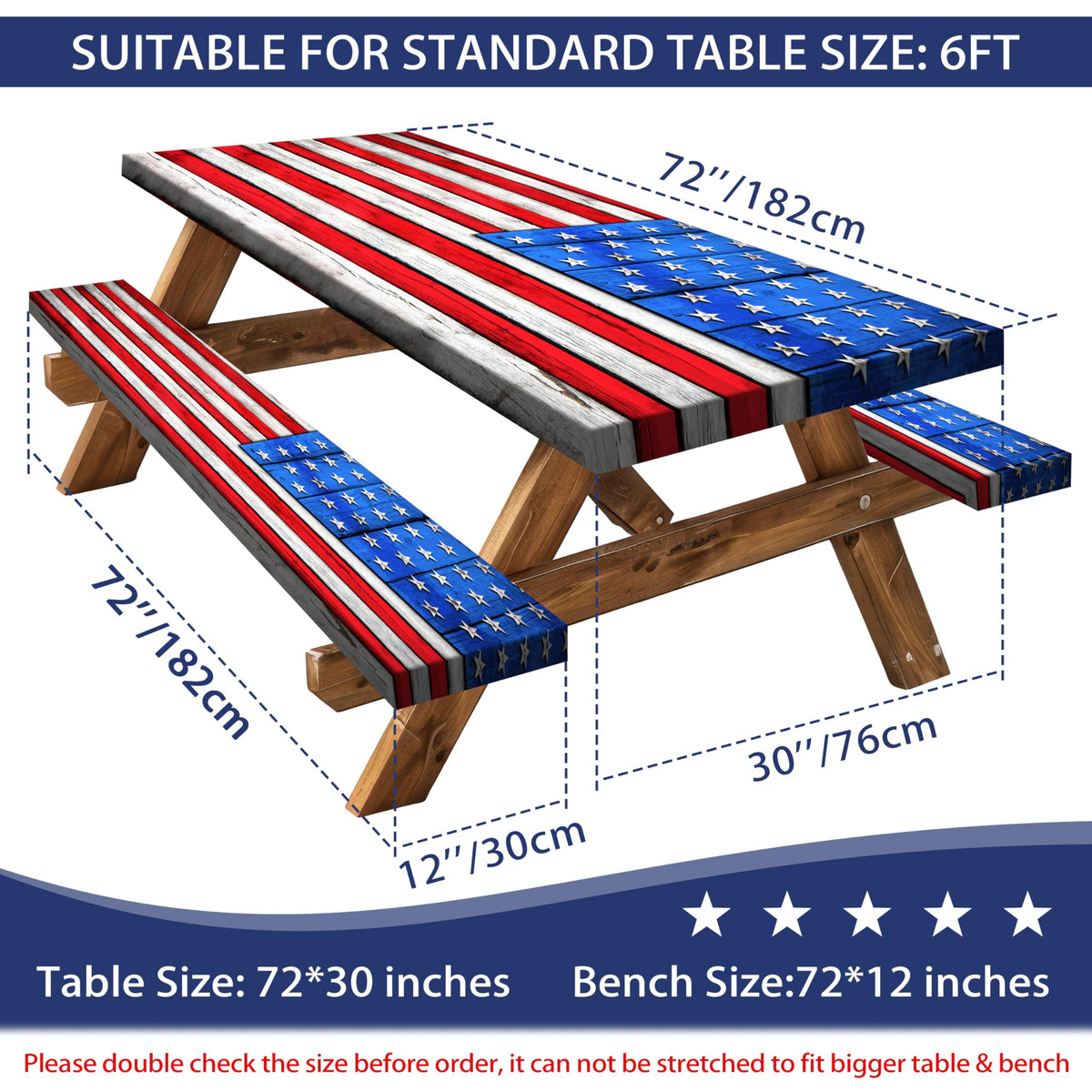 Butaluk American Flag picnic bench cover 72x12 with secure fit on benches